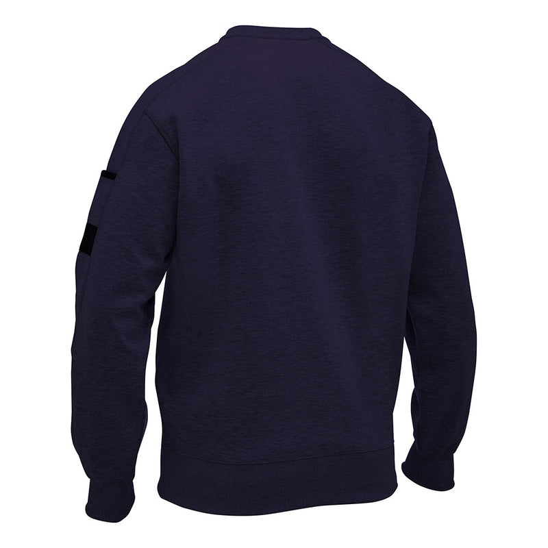 Load image into Gallery viewer, Bisley Work Fleece Crew Neck Jumper, showcasing its back view with long sleeves, ribbed cuffs, hem, and a distinctive sleeve pocket with pen division, embodying durable workwear essentials from Active Safety.

