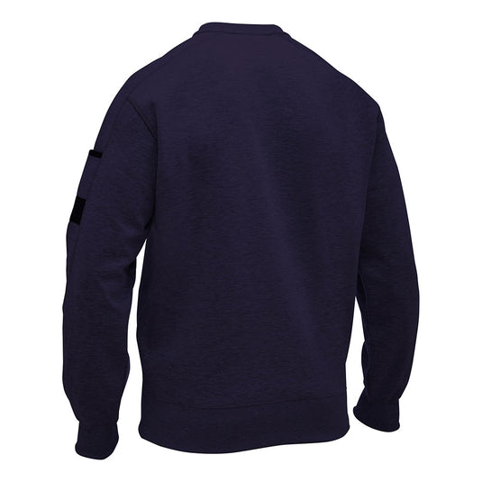 Bisley Work Fleece Crew Neck Jumper, showcasing its back view with long sleeves, ribbed cuffs, hem, and a distinctive sleeve pocket with pen division, embodying durable workwear essentials from Active Safety.