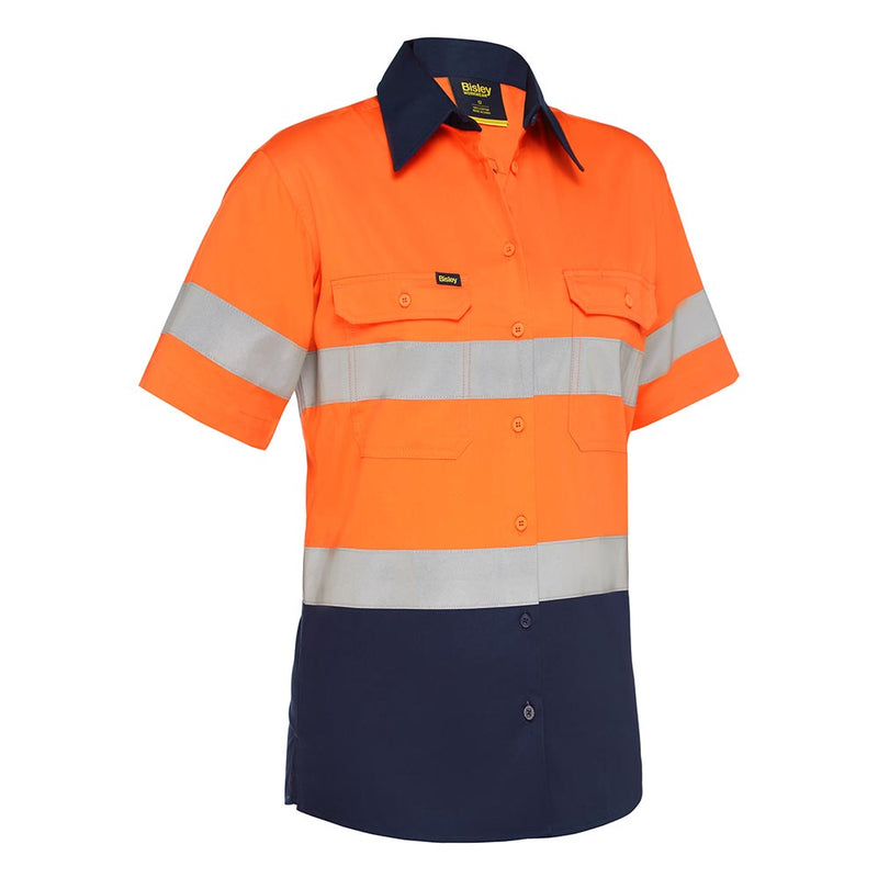 Load image into Gallery viewer, Bisley Womens Hi Vis Taped Lightweight Drill Shirt features bright orange fabric with navy accents, reflective bands, and mesh ventilation. Designed for safety and comfort with antimicrobial treatment and functional chest pockets.
