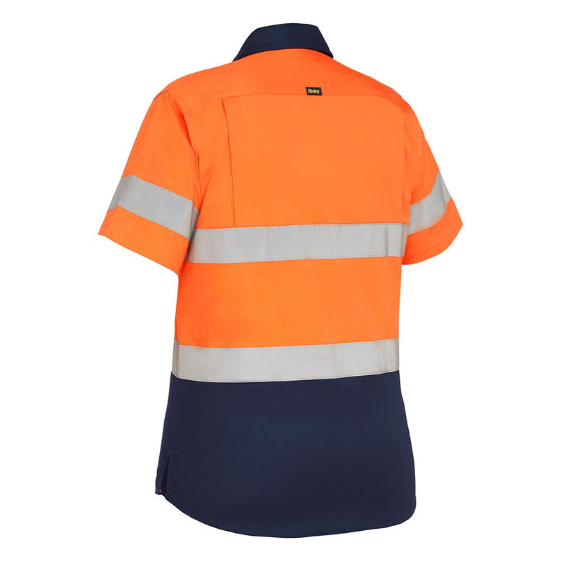 Load image into Gallery viewer, Bisley Womens Hi Vis Taped Lightweight Drill Shirt featuring high-visibility design with reflective bands, mesh ventilation, structured collar, and dual chest pockets, ideal for safety and comfort in active work environments.
