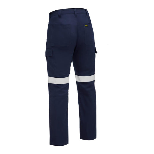 Bisley Taped Industrial Lightweight Cargo Pants, featuring reflective knee bands, cargo pockets with flaps, and a curved waistband, designed for high visibility and durability on work sites.