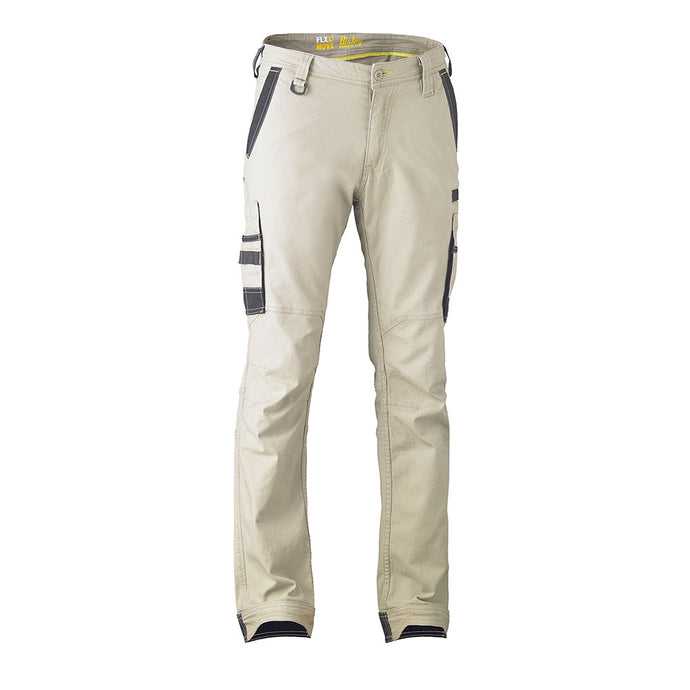 Bisley Flex & Move Stretch Utility Cargo Pants feature a close-up of durable stretch cotton canvas with multi-functional pockets, reinforced belt loops, and curved waistband, highlighting comfort and functionality for active work environments.