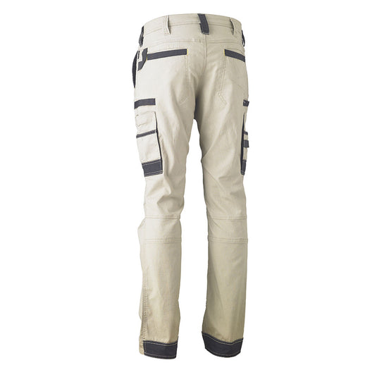 Bisley Flex & Move Stretch Utility Cargo Pants with multi-functional pockets, including oversized cargo pockets, contoured knees, curved waistband, and reinforced belt loops, designed for durability and comfort in active work environments.