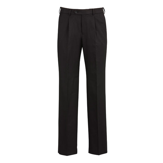 Biz Men's Detroit Pant, Stout, featuring a sleek design with single pleat front, side and rear pockets, and BIZ FLEXI-BAND™ waist for comfort. Ideal for durable, professional workwear.