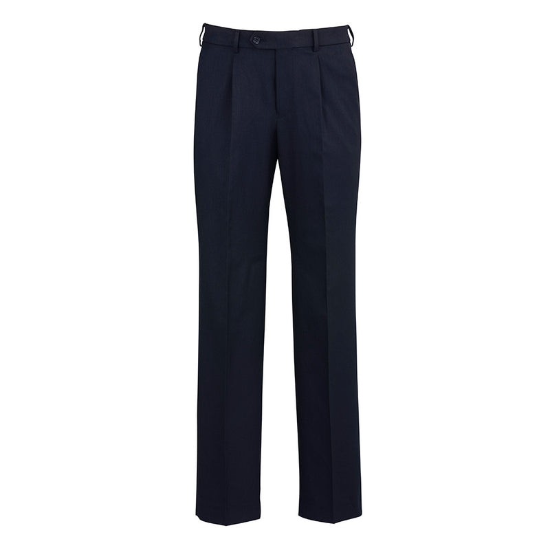 Load image into Gallery viewer, Biz Men&#39;s Detroit Pant, Stout, featuring navy-blue pleated design, offers durable Poly Viscose fabric with Teflon® stain resistance and BIZ FLEXI-BAND™ waist for comfort and flexibility, ideal for workplace settings.

