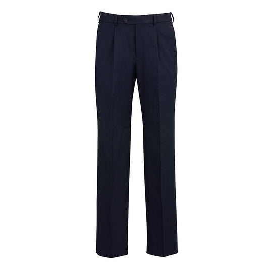 Biz Men's Detroit Pant, Stout, featuring navy-blue pleated design, offers durable Poly Viscose fabric with Teflon® stain resistance and BIZ FLEXI-BAND™ waist for comfort and flexibility, ideal for workplace settings.