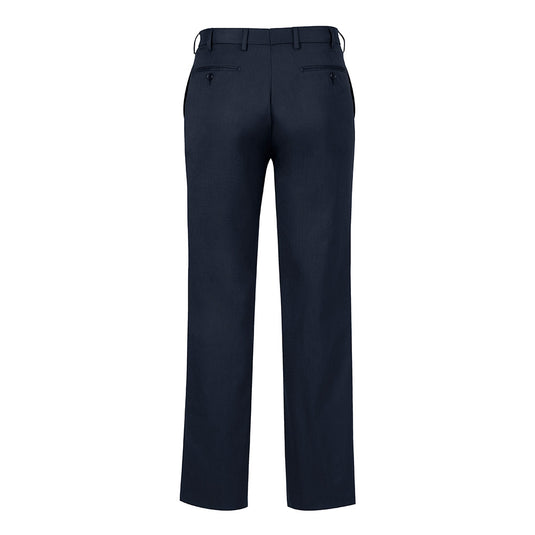 Biz Men's Detroit Pant, Stout, featuring a straight-leg cut, rear buttoned welt pockets, and belt loops. Designed with BIZ FLEXI-BAND™ for comfort, these durable trousers offer functional workwear style.