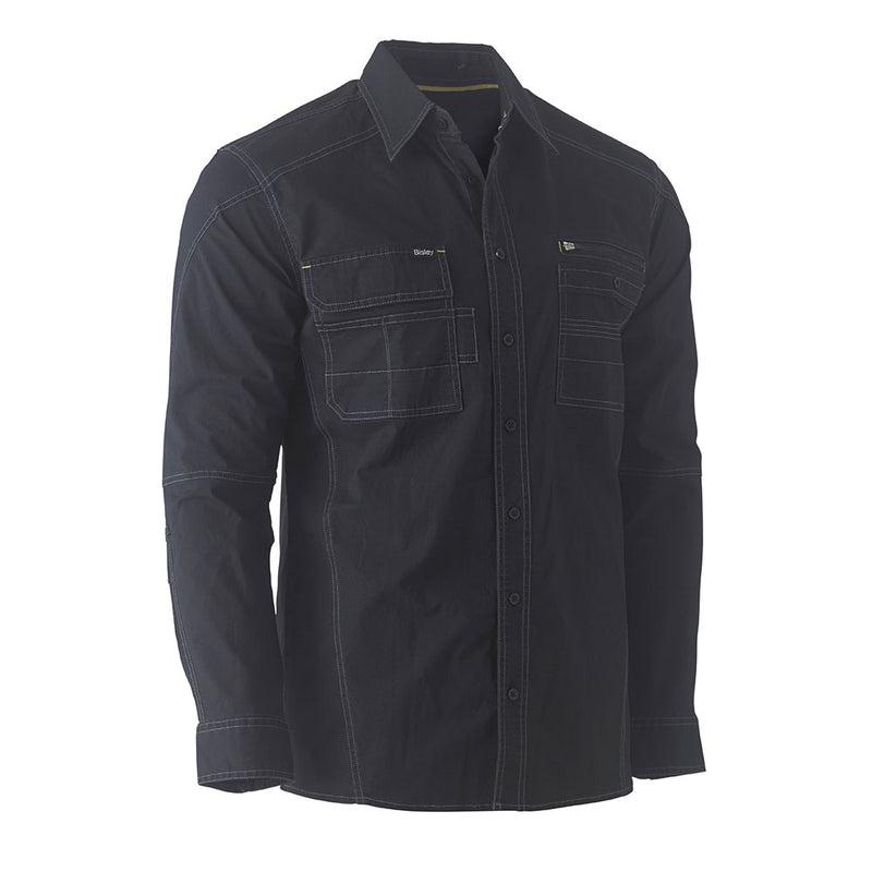 Load image into Gallery viewer, Bisley Flex &amp; Move Utility Work Shirt with contrast stitching, features multifunctional chest pockets for tools and accessories, classic collar with a hanger loop, and contoured sleeves for enhanced comfort and movement.
