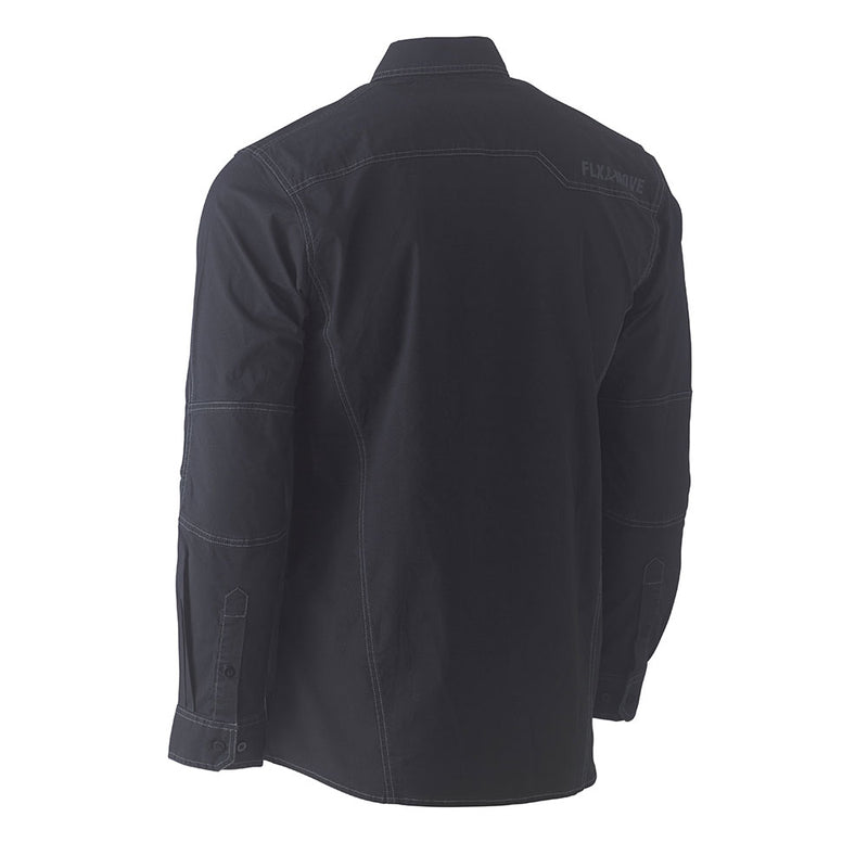 Load image into Gallery viewer, The Bisley Flex &amp; Move Utility Work Shirt features a back view showcasing yoke stitching, contrast top-stitching, cuff tabs, and FLX&amp;WAVE branding, emphasizing its functional design for workplace versatility.
