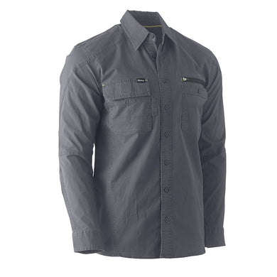 Bisley Flex & Move Utility Work Shirt features a slate-gray design with dual chest pockets, including a zip and flap closure, ideal for workplace safety and functionality, reflecting Active Safety's commitment to quality workwear.