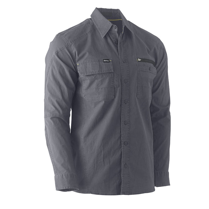 Bisley Flex & Move Utility Work Shirt features a slate-gray design with dual chest pockets, including a zip and flap closure, ideal for workplace safety and functionality, reflecting Active Safety's commitment to quality workwear.