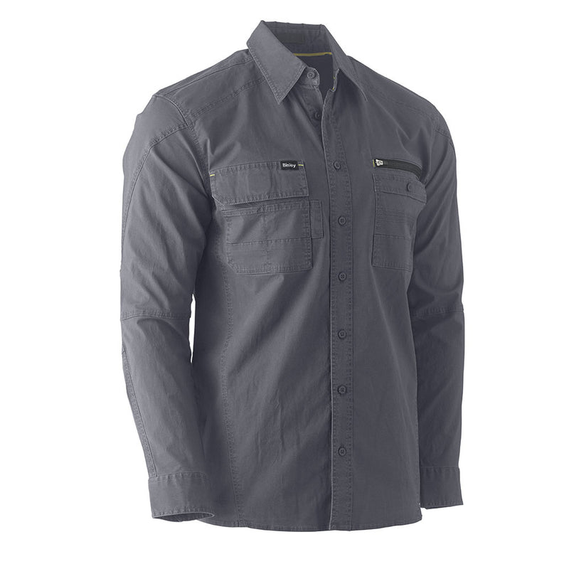 Load image into Gallery viewer, Bisley Flex &amp; Move Utility Work Shirt features a slate-gray design with dual chest pockets, including a zip and flap closure, ideal for workplace safety and functionality, reflecting Active Safety&#39;s commitment to quality workwear.
