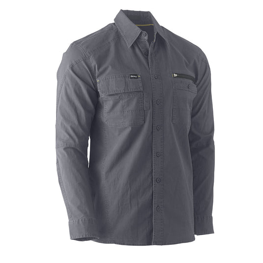 Bisley Flex & Move Utility Work Shirt features a slate-gray design with dual chest pockets, including a zip and flap closure, ideal for workplace safety and functionality, reflecting Active Safety's commitment to quality workwear.