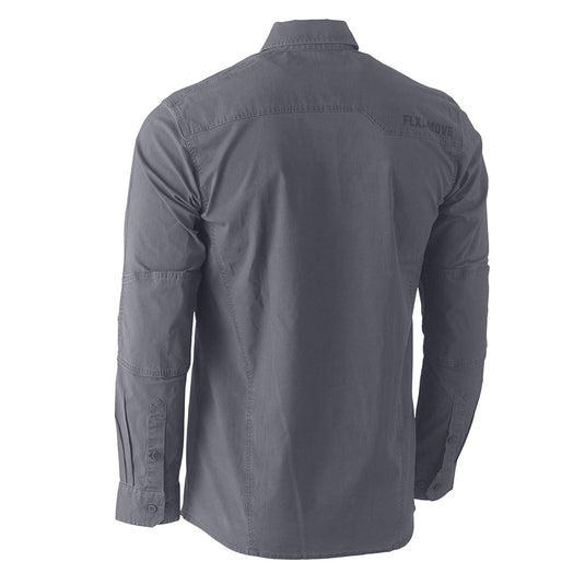 Bisley Flex & Move Utility Work Shirt, slate-gray, features a back view with stitched paneling, point collar, buttoned cuffs, and “FLXMOVE” branding, highlighting its durability and utility for workplace safety.