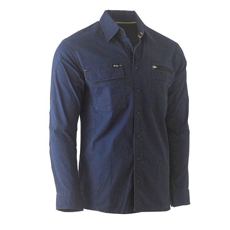 Load image into Gallery viewer, The Bisley Flex &amp; Move Utility Work Shirt showcases a deep navy design with button-front, point collar, and multifunctional utility chest pockets, ideal for active work environments prioritizing comfort and functionality.
