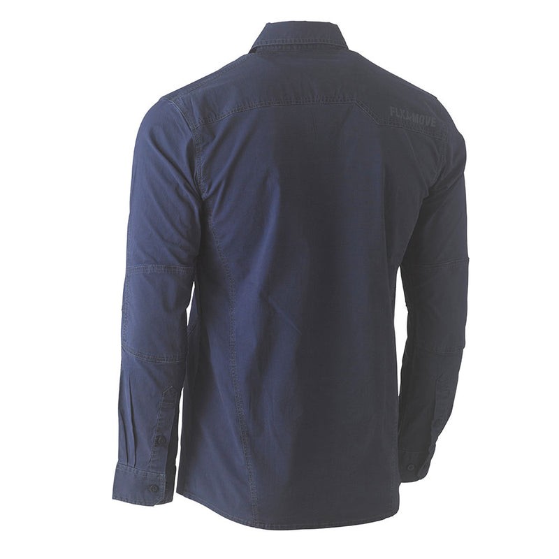 Load image into Gallery viewer, Bisley Flex &amp; Move Utility Work Shirt, back view, showcasing articulated elbow seams and a slight hem curve; features multifunctional chest pockets and a faint FLX4MOVE logo on the shoulder.
