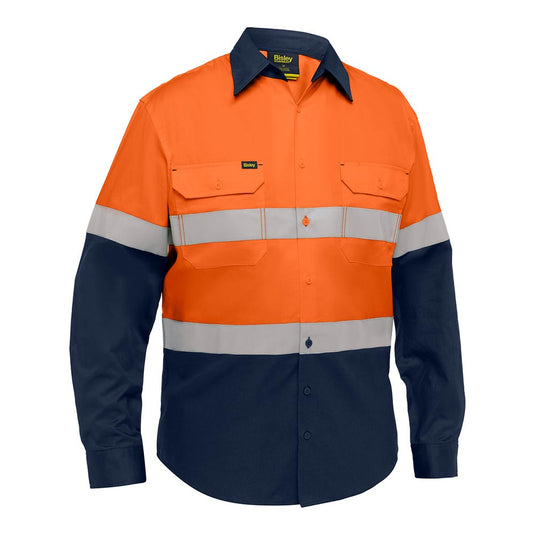 Bisley Hi Vis Taped Lightweight Vented Long Sleeve Shirt features a bright, bi-color design with reflective stripes, chest pockets, and ventilation for safety and comfort, ideal for workplace environments.