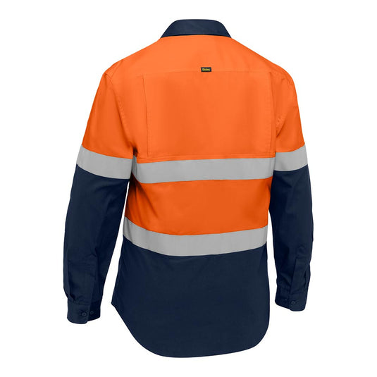 Bisley Hi Vis Taped Lightweight Vented Long Sleeve Shirt featuring a bright orange upper, navy blue lower, reflective bands, and a Bisley label, designed with ventilation and RFID tracking for industrial use.