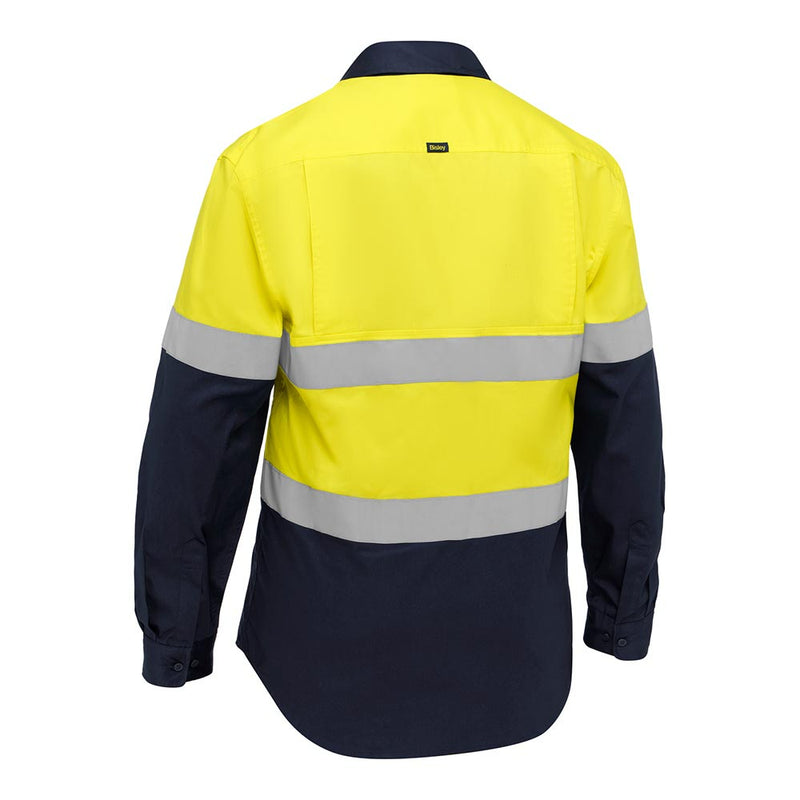 Load image into Gallery viewer, Bisley Hi Vis Taped Lightweight Vented Long Sleeve Shirt showcasing dual reflective bands and ventilation mesh, designed for safety and comfort with RFID tag for lifecycle tracking.
