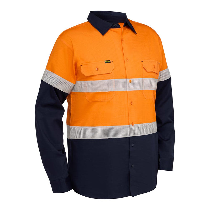 Load image into Gallery viewer, Bisley Hi Vis Taped Ripstop Vented Long Sleeve Shirt features bright safety orange and dark navy colors, reflective stripes, chest pockets, and mesh ventilation, ideal for workplace safety and comfort.
