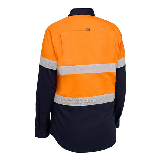 Bisley Hi Vis Taped Ripstop Vented Long Sleeve Shirt features a bright orange and navy design with reflective stripes and back ventilation, ideal for safety-conscious workplaces.