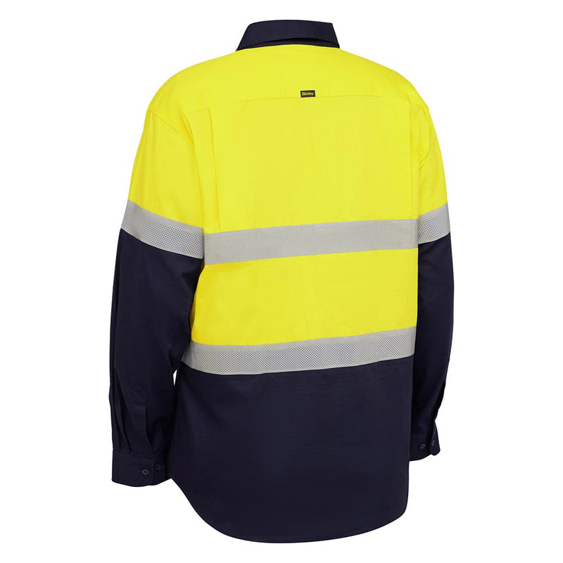 Load image into Gallery viewer, Bisley Hi Vis Taped Ripstop Vented Long Sleeve Shirt, featuring a two-tone design with reflective stripes, mesh ventilation, structured collar, two chest pockets with flaps, and adjustable sleeve cuffs, ideal for workplace safety.
