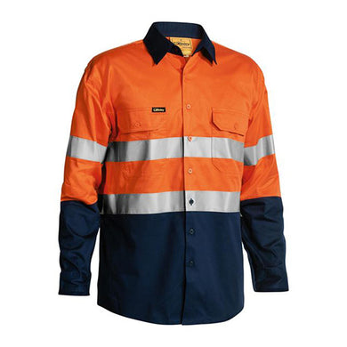 Bisley Hi Vis Cool Lightweight L/S Work Shirt featuring reflective taped hoop pattern, two button-down chest pockets with pen division, and ventilation mesh at the back and underarms for enhanced breathability.