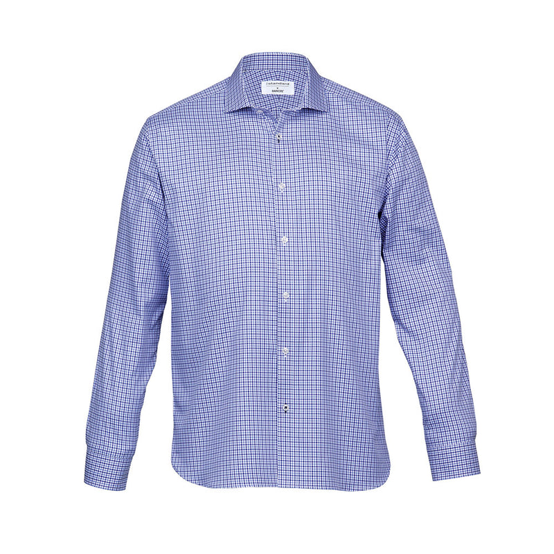 Load image into Gallery viewer, Barkers Mens Stamford Long Sleeve Check Shirt, Navy/Blue/White, featuring a tapered fit and fashion collar. Visible mitred cuffs and contrast stitching detail enhance its refined look, ideal for a professional setting.

