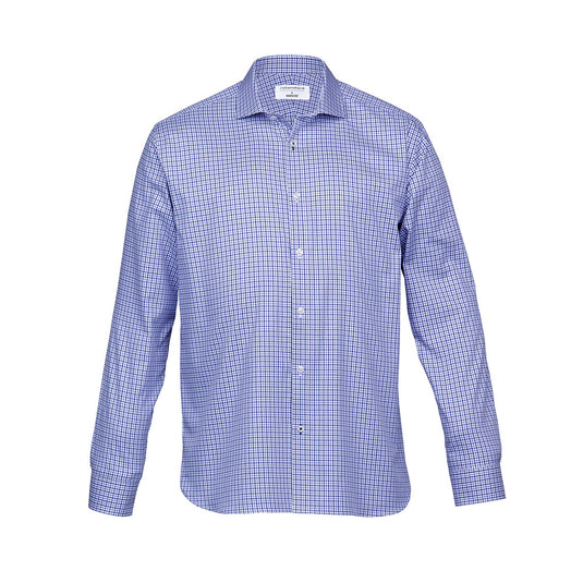 Barkers Mens Stamford Long Sleeve Check Shirt, Navy/Blue/White, featuring a tapered fit and fashion collar. Visible mitred cuffs and contrast stitching detail enhance its refined look, ideal for a professional setting.