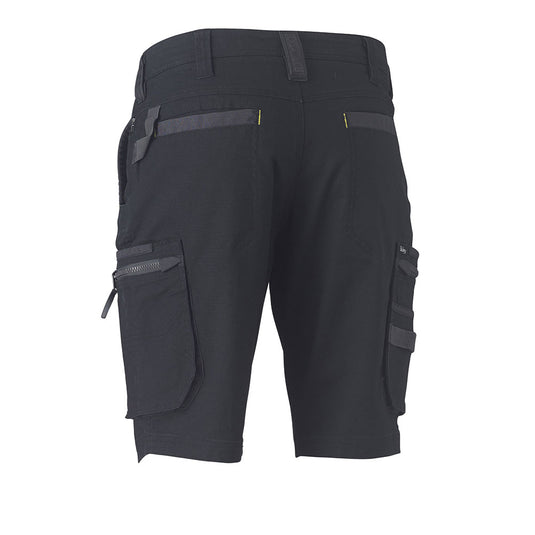 The Bisley Flex & Move Stretch Utility Zip Cargo Short features back and utility pockets, a YKK zipper, and Cordura® reinforcements, ideal for safety-focused work environments, embodying Active Safety’s commitment to durable workwear.