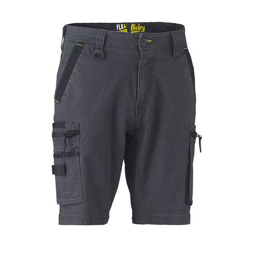 Bisley Flex & Move Stretch Utility Zip Cargo Short featuring a button-and-zip front, angled hand pockets, multiple functional side cargo pockets, a D-ring, and contrast stitching, ideal for durable workplace wear.