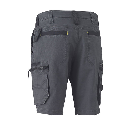Bisley Flex & Move Stretch Utility Zip Cargo Short, featuring visible back welt pockets and large side cargo pockets. Enhanced with Cordura® for durability, designed for comfort and movement, ideal for active workplace settings.