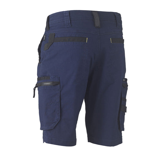 Bisley Flex & Move Stretch Utility Zip Cargo Short features visible back view with belt loops, rear and side pockets with zippers and flap closures, showcasing durable stretch cotton canvas and Cordura® reinforcement.