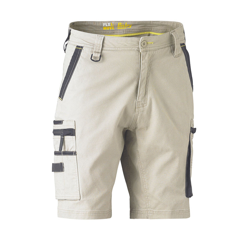 Load image into Gallery viewer, Bisley Flex &amp; Move Stretch Utility Zip Cargo Short features a button-and-zip fly, multi-compartment cargo pocket, contrasting trims, and a durable design with Cordura® reinforcements, ideal for versatile workwear needs.
