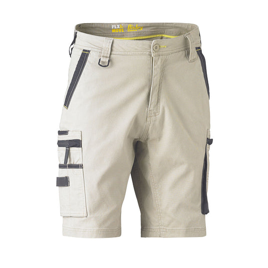 Bisley Flex & Move Stretch Utility Zip Cargo Short features a button-and-zip fly, multi-compartment cargo pocket, contrasting trims, and a durable design with Cordura® reinforcements, ideal for versatile workwear needs.