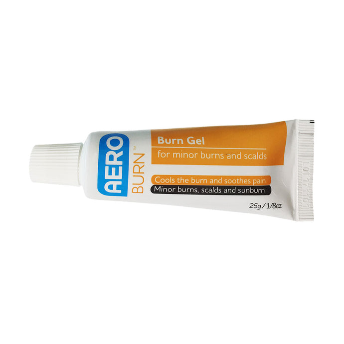 Aero Burn Gel 25g squeeze tube, a first-aid product for cooling minor burns, scalds, and sunburns, featuring a sterile, antibacterial formula ideal for workplace safety needs.