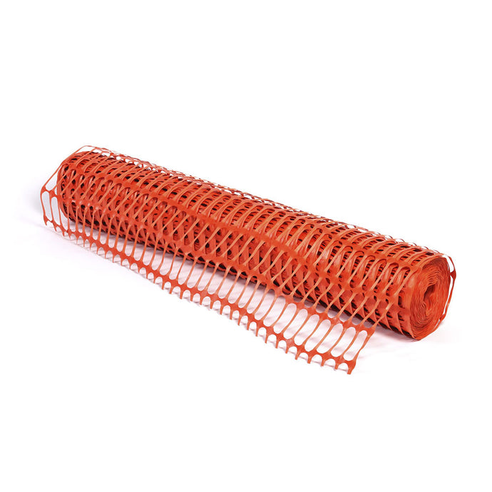 Economesh Mesh Safety Fence, Orange: 50m Roll displayed coiled, showcasing its compact design and sturdy construction. Ideal for construction sites, this reusable, UV-stabilized HDPE mesh ensures reliable area demarcation.