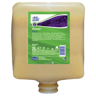 Stoko Kresto Heavy Citrus Hand Cleaner Refill: 2 Litre cartridge with nozzle, designed for industrial use. Features a green label and is compatible with the HVY2LDP Deb Stoko Cleanse Heavy 2L Dispenser.