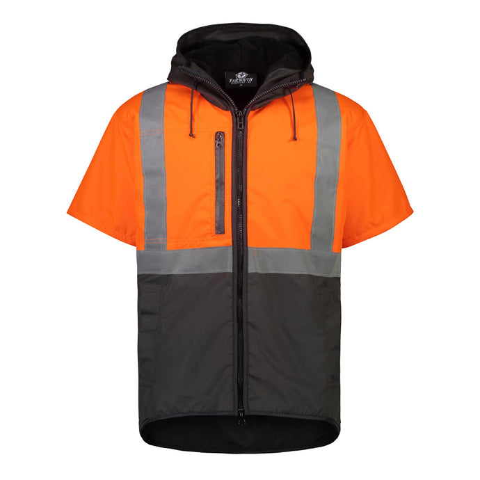 Far South Dacre Hi Vis Oilskin Short Sleeve Vest With Hood, featuring a durable, water-resistant waxed cotton design, hi-vis reflector tape, fleece lining, side welt pockets, and a long-lasting heavy-duty zip.