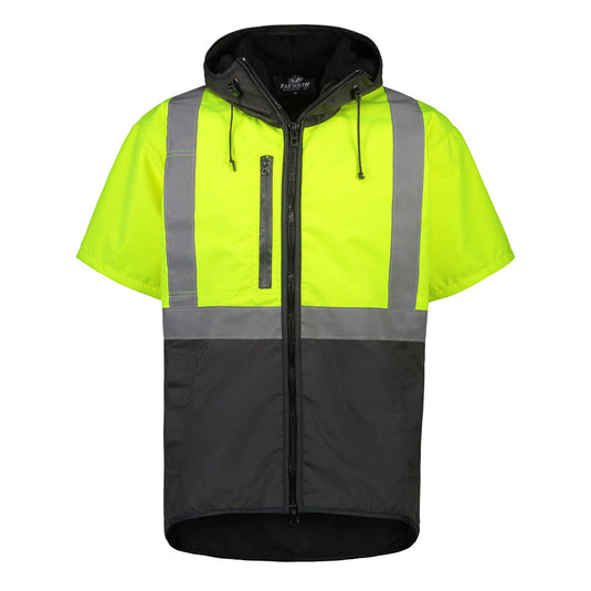 Far South Dacre Hi Vis Oilskin Short Sleeve Vest With Hood, featuring a durable waxed cotton build, reflector tape, fleece lining, heavy-duty zip, and extended back, ideal for workplace safety and comfort.