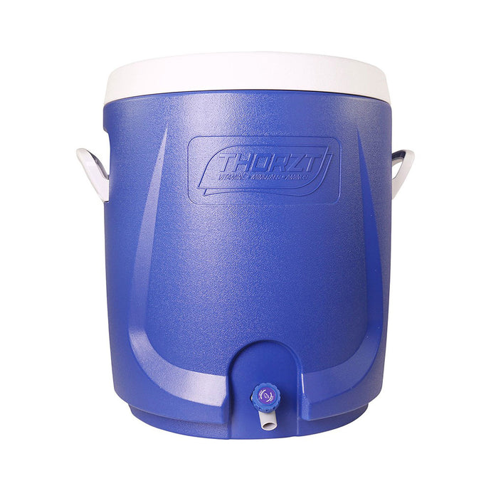 The Thorzt Drink Cooler 55 Litre (Blue) features a robust, insulated design with side handles, a front spigot, and a screw-top lid, ideal for keeping beverages cool during team activities.