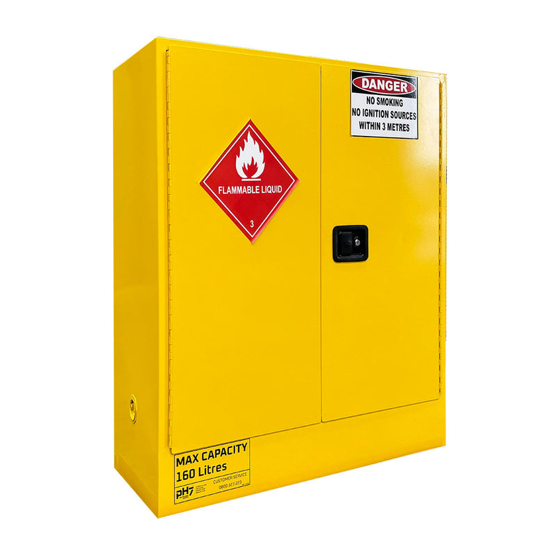 Load image into Gallery viewer, Flammable Storage Cabinet: 160L, features safety labels and warnings for storing flammable liquids, with lockable double steel doors and a 160L capacity, suitable for labs and industrial environments.
