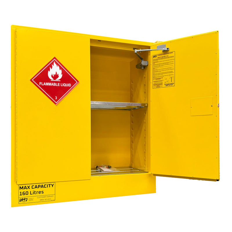 Load image into Gallery viewer, Flammable Storage Cabinet: 160L, bright-yellow with double steel walls, open door revealing adjustable shelf. Labeled for flammable liquids, featuring a lockable recessed handle, self-closing doors, and 150mm sump.
