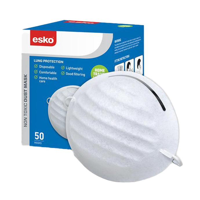 Esko Nuisance Dust Mask: Box/50 displayed with a single white, cup-style mask in front, featuring an adjustable aluminum nose-piece for comfort and effective dust protection in household or garden settings.