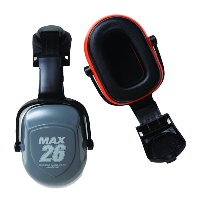 Esko Max26 Cap Attach Earmuff Class 5, featuring visible “MAX 26” label on the left cup and foam-padded cushion on the right. Designed for hard hat attachment, ideal for noisy worksites or shooting ranges.