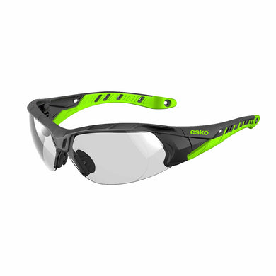 Esko MagSpec2 Full Focal Safety Glasses: Clear, featuring black frames with bright green accents and wraparound design. Designed for professional precision with anti-fog, UV protection, and medium impact rating.