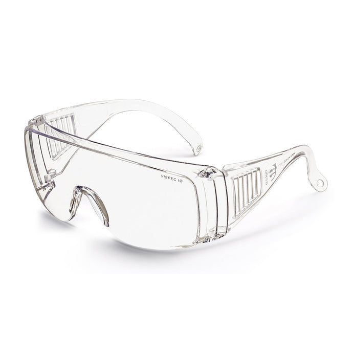 Esko Vispec Visitor Safety Glasses: Clear, featuring wrap-around design with transparent plastic and integrated side shields, suitable for wearing over prescription glasses, offering medium impact protection and 99.9% UV defense.