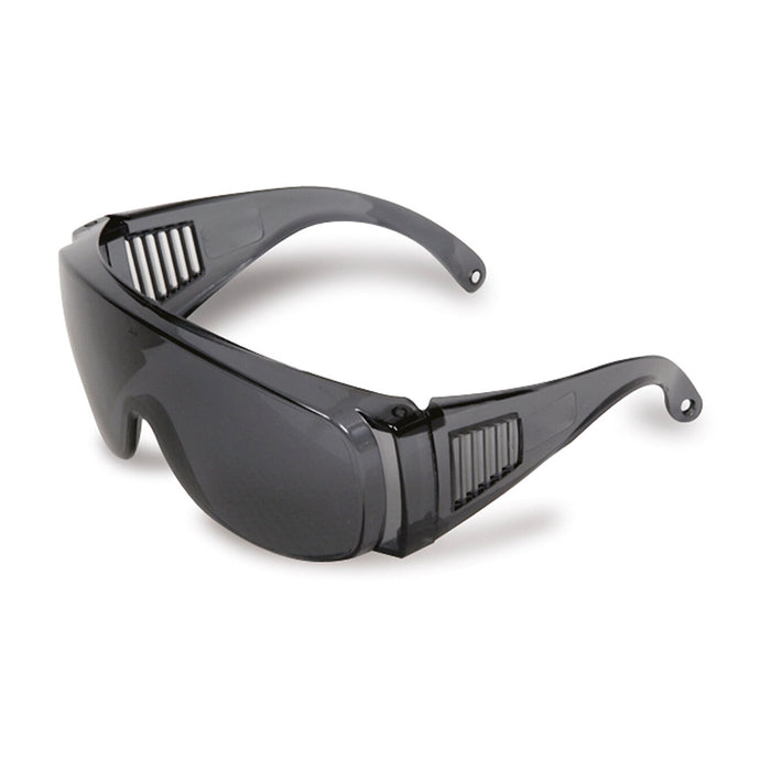 Esko Vispec Visitor Safety Glasses: Smoke, featuring dark-tinted lenses with side vents, designed to fit over prescription glasses. These lightweight eye protectors are ideal for outdoor use with 99.9% UV protection.