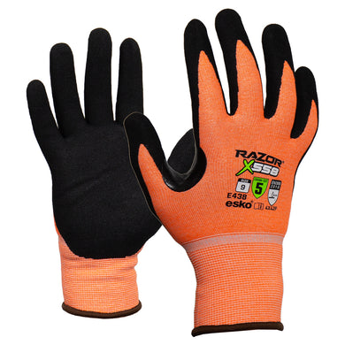 Esko Razor X558 Cut F Nitrile Glove, featuring orange knit with black rubberized palms, showcases RAZOR X558 branding and safety markings, designed for superior cut protection and grip in various conditions.