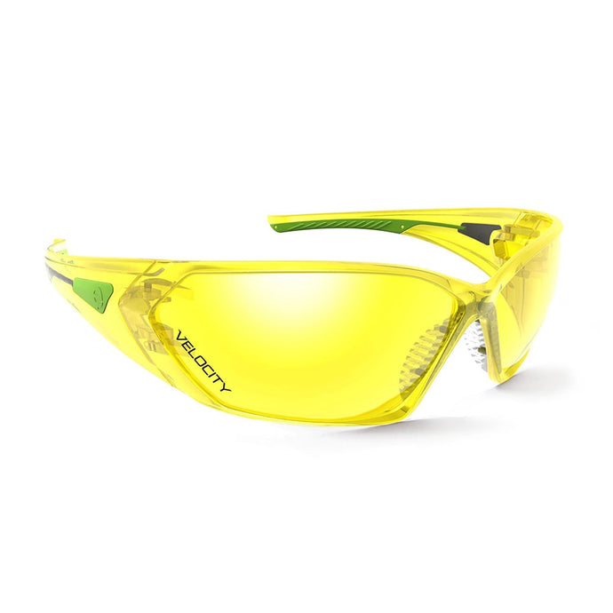 Velocity Safety Glasses: Amber - Close-up of anatomically shaped wrap-around lens, featuring rubber nose pad, co-injected temple pads for comfort, offering 99.9% UV protection and anti-fog/anti-scratch coating.